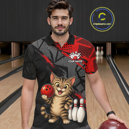 man bowler wearing custom red funny cat bowling team polo shirt on the lanes