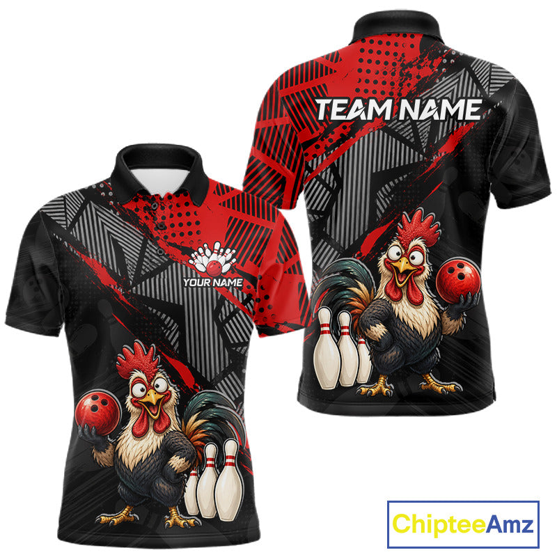 Front and Back view of custom red funny raccoon men’s bowling team polo shirt