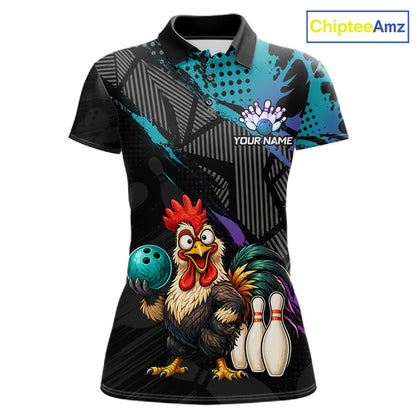 Custom Neon Blue Purple Funny Rooster Bowling Women Polo & 1/4 Quarter Zip Shirt, Bowling Team NBT932