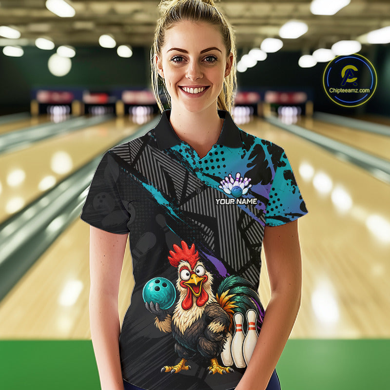 Custom Neon Blue Purple Funny Rooster Bowling Women Polo & 1/4 Quarter Zip Shirt, Bowling Team NBT932