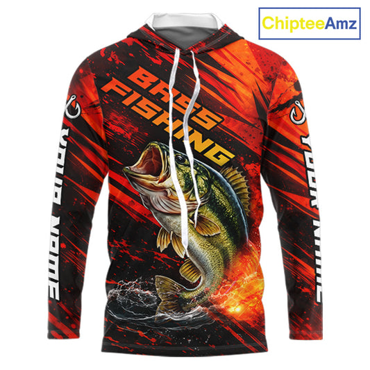 Personalized Fishing Bass Long Sleeve Hooded Fishing Shirts Orange Custom Nam, Fishing Shirts For Men NBT382