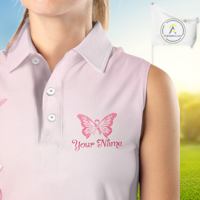Custom Name Pink Butterfly Floral Pattern Breast Cancer Month Lady Golfer Women's Sleeveless Polo Shirt NBT529