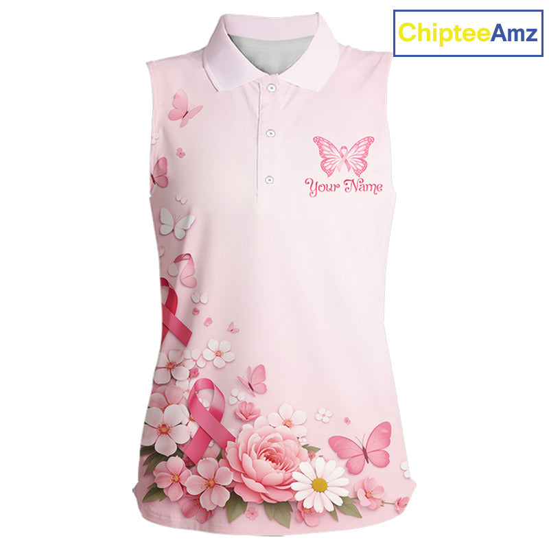 Custom Name Pink Butterfly Floral Pattern Breast Cancer Month Lady Golfer Women's Sleeveless Polo Shirt NBT529