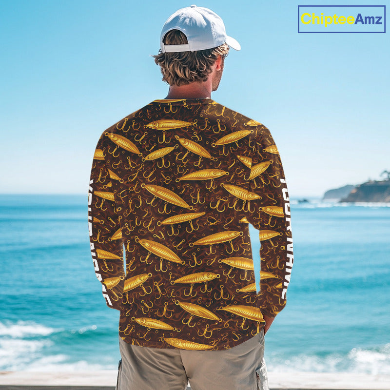 Custom Fishing Lure Yellow Long Sleeve Fishing Shirts For Men Custom Name, Mens Fishing Outfit NBT388