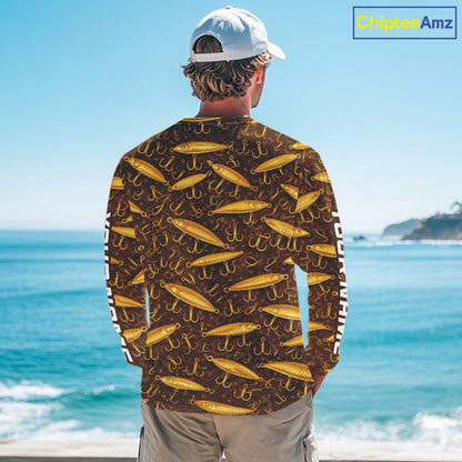 Custom Fishing Lure Yellow Long Sleeve Fishing Shirts For Men Custom Name, Mens Fishing Outfit NBT388