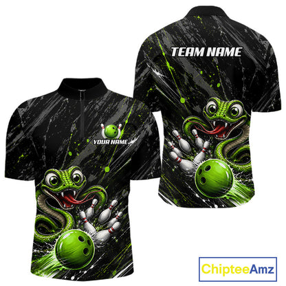 Custom Black And Green Snake Bowling Men Polo & 1/4 Quarter Zip Shirt, Bowling Team Tournament Jerseys NBT935