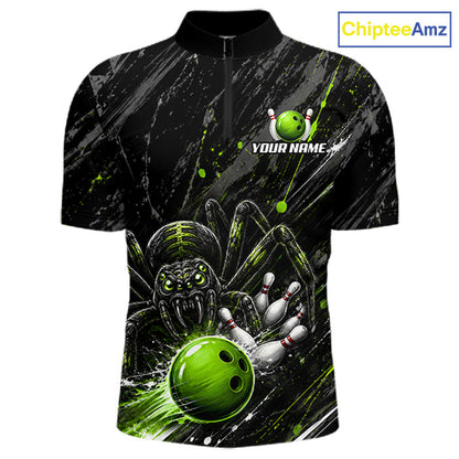 Custom Black And Green Spider Bowling Men Polo & 1/4 Quarter Zip Shirt, Bowling Team Tournament Jerseys NBT936