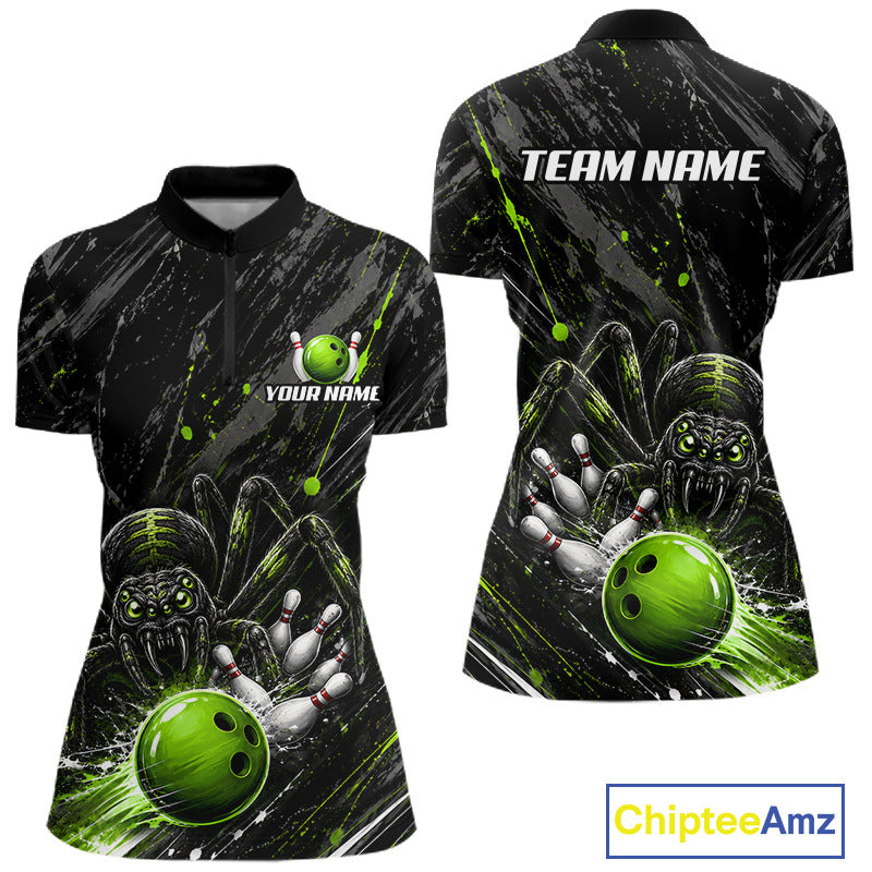 Custom Black And Green Spider Bowling Women Polo & 1/4 Quarter Zip Shirt, Bowling Team Tournament Jerseys NBT936