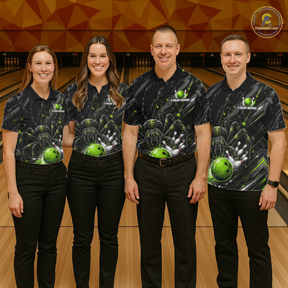 Custom Black And Green Spider Bowling Men Polo & 1/4 Quarter Zip Shirt, Bowling Team Tournament Jerseys NBT936