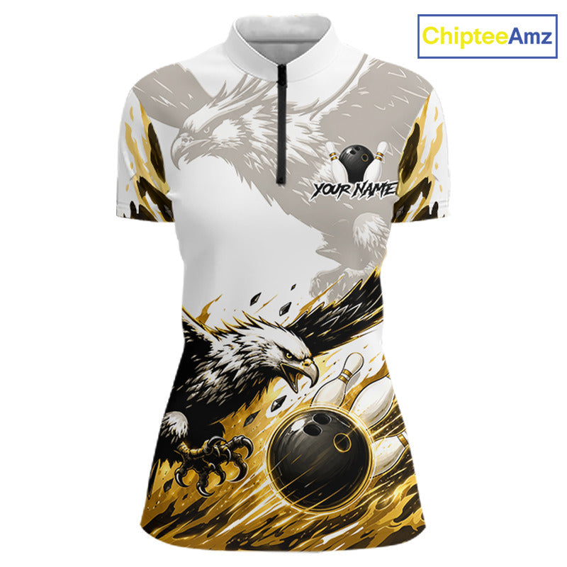 Black Gold Eagle Bowling Women Custom Name Polo & 1/4 Quarter Zip Shirt, Team Eagle Bowling League Shirts NBT938
