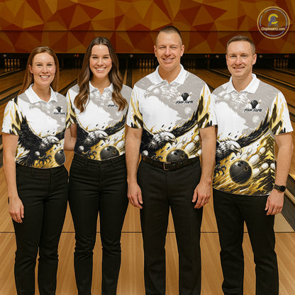 Black Gold Eagle Bowling Women Custom Name Polo & 1/4 Quarter Zip Shirt, Team Eagle Bowling League Shirts NBT938
