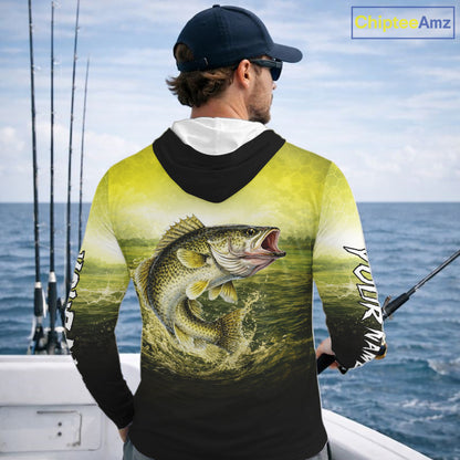 Yellow Walleye Fishing UV Protection Long Sleeve Hooded Fishing Shirts, Custom Walleye Fishing Shirts NBT400