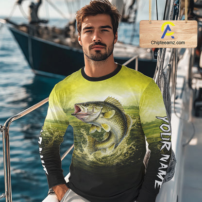 Yellow Walleye Fishing UV Protection Long Sleeve Fishing Shirts, Custom Walleye Fishing Shirts NBT400
