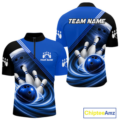 Personalized Blue Bowling Jersey Bowling Polo Shirt For Men, Team Bowling League Shirts NBT943