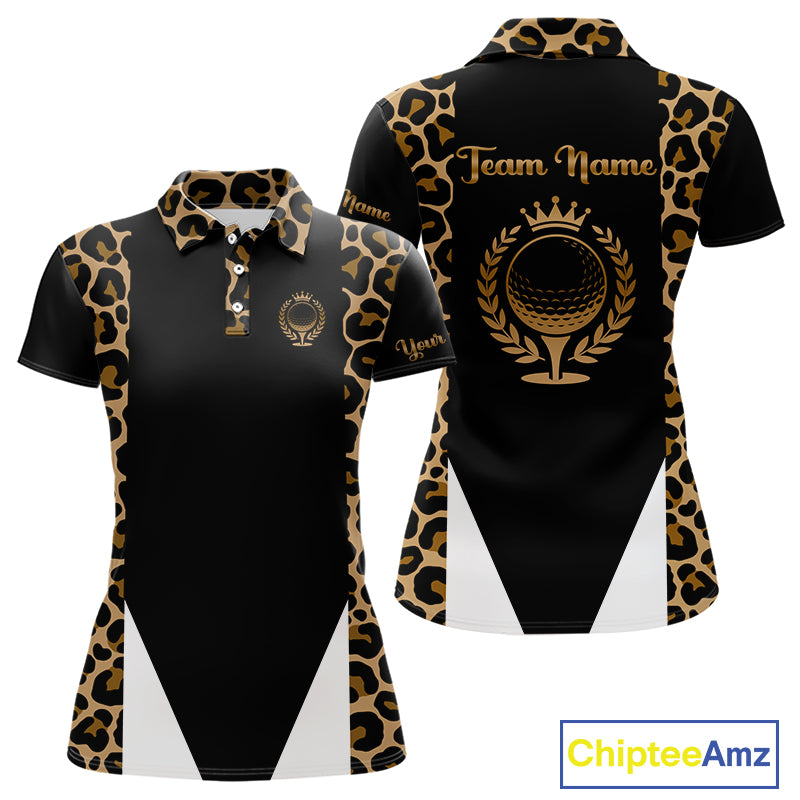 Womens Golf Polo Shirts Brown Leopard Pattern Black Golf Shirt Custom Name Golf Wear For Ladies NBT560