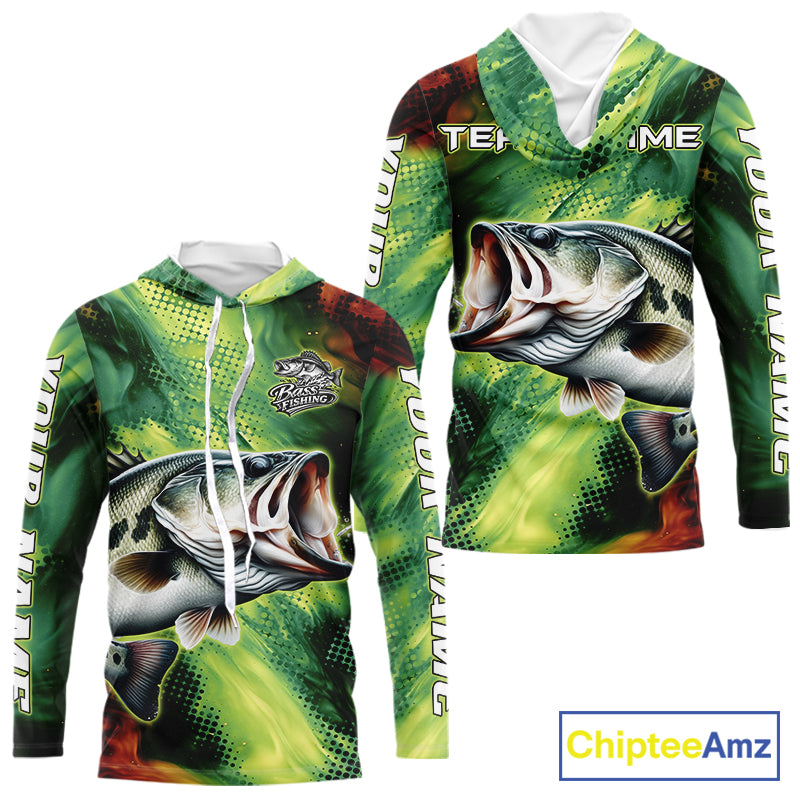 Custom Green Camo Bass Long Sleeve Hooded Fishing Shirts, Bass Fishing Shirts For Men NBT449