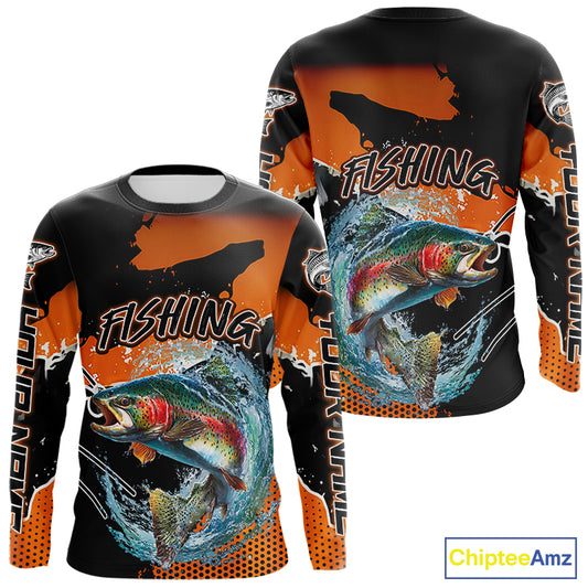 Rainbow Trout Fishing Custom Orange Long Sleeve Fishing Shirts, Trout Tournament Fishing Jerseys NBT343