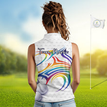 Load image into Gallery viewer, Rainbow Color Womens Sleeveless Golf Polo Shirts Golf Ball Pattern Custom Name, White Golf Shirt For Women NBT545