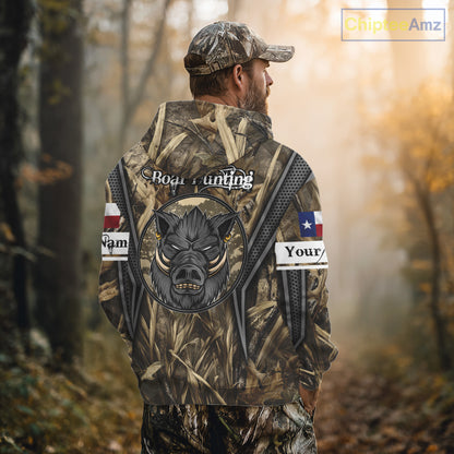 Texas Flag Wild Boar Hunting Camo Custom Name Shirts, TX Hog Hunting Shirt for Hunter NBT174