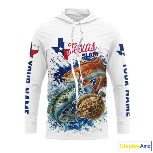 Texas Slam Fishing Trout, Redfish, Flounder Long Sleeve Hooded Fishing Shirts, Texas Flag Fishing Jerseys NBT445