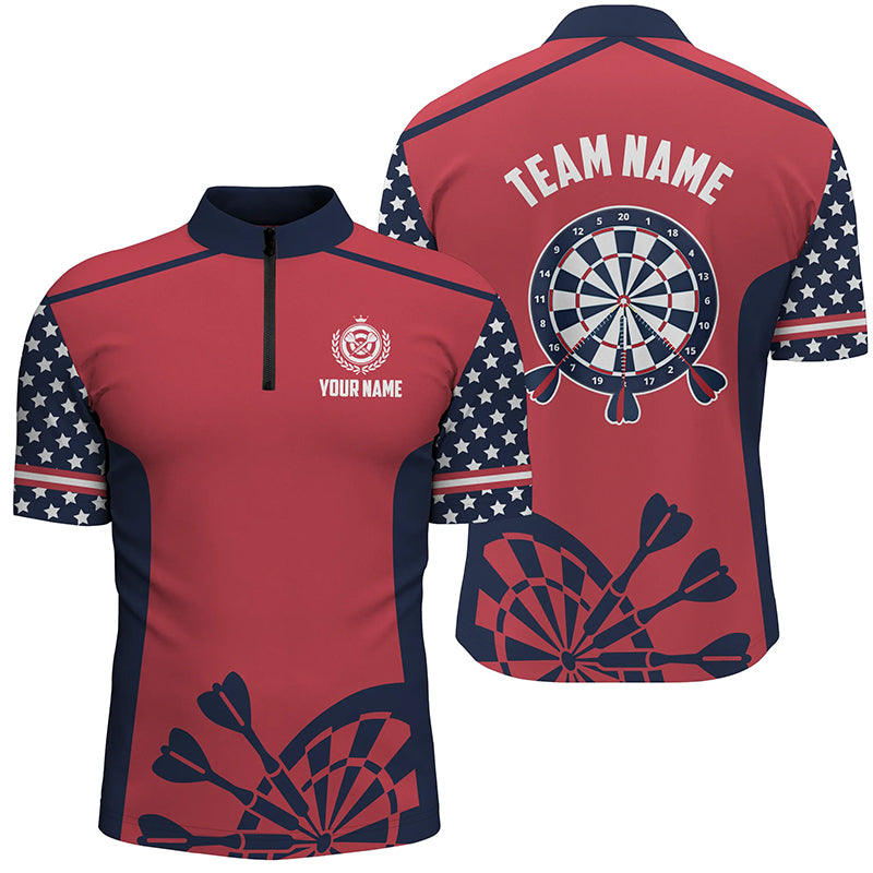 Personalized Darts Red American Flag Custom Quarter Zip Shirt Patriotic Dart Jersey For Men LDT0355