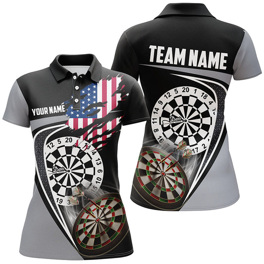 Black Grey American Flag Womens Darts Polo Shirt Custom Patriotic Dart Jerseys For Women LDT1385