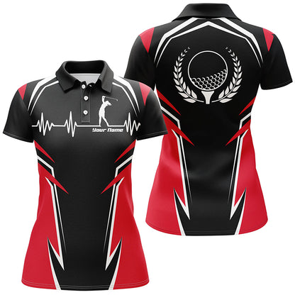 Black Red Womens Golf Polo Shirts, Personalized Heartbeat Golf Shirts For Women, Golf Gifts LDT0207