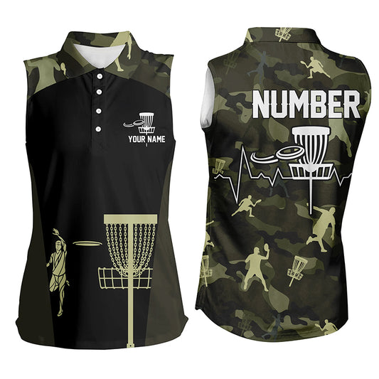 Green Camo Womens Sleeveless Disc Golf Polo Shirts, Custom Golf Shirts For Women, Disc Golf Gifts LDT0086