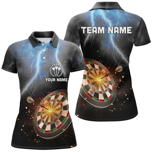 Personalized Thunder Lightning Black Womens Darts Polo Shirt Custom Dart Jerseys For Women LDT1236