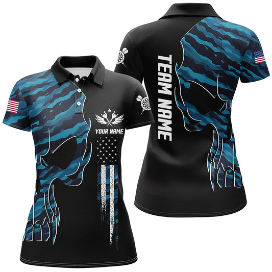 Skull Blue Camouflage American Flag Darts Polo Shirt Patriotic Dart Jerseys For Women LDT0991