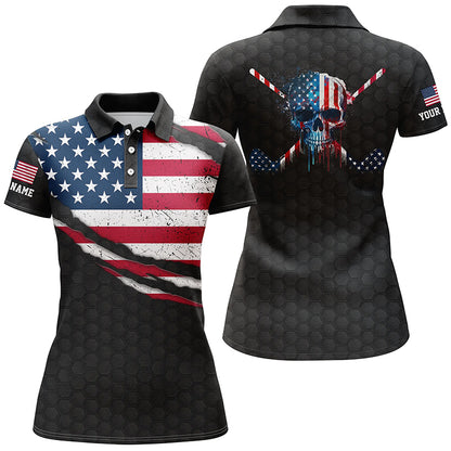 American Flag Skull Golf Shirts For Women, Funny Golf Shirt, Personalized Women Golf Shirts Golf Gift LDT0041