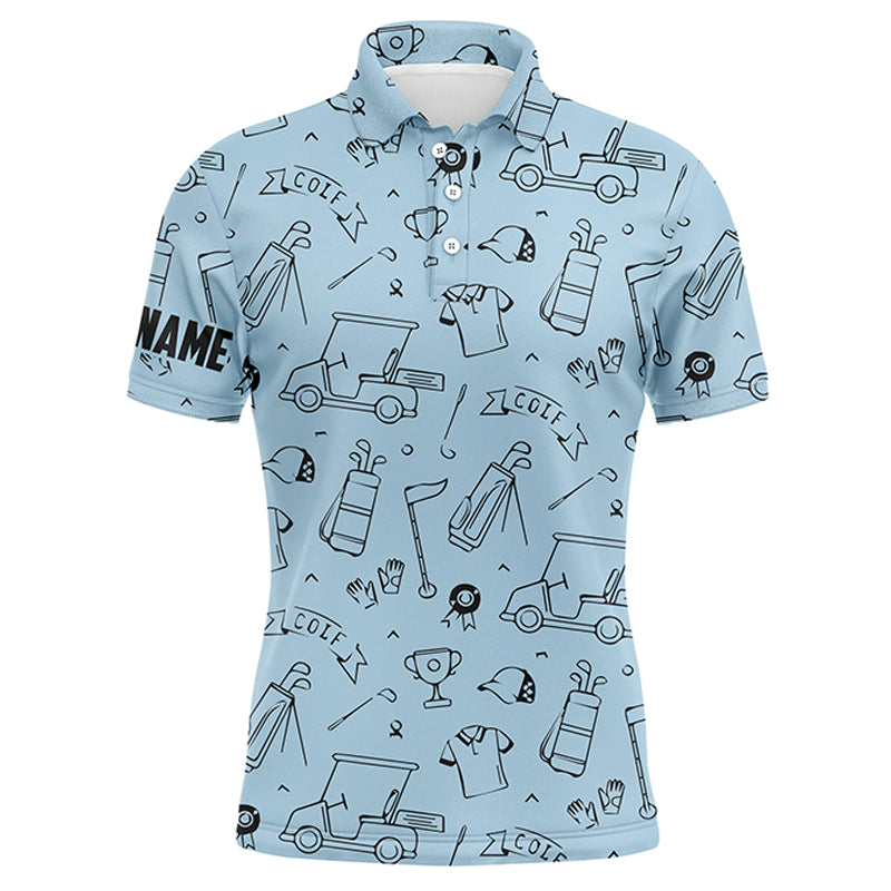 Golf Equipment Pattern Mens Polo Golf Shirts, Custom Name Sky Blue Best Golf Shirts For Men LDT0049