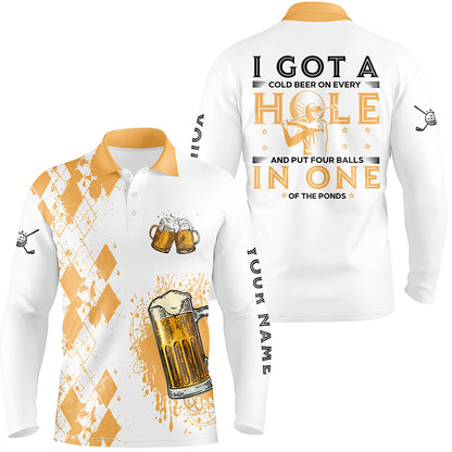 I Got A Cold Beer On Every Hole Yellow Argyle Mens Golf Polo Shirts Beer Golf Shirts For Men LDT0525