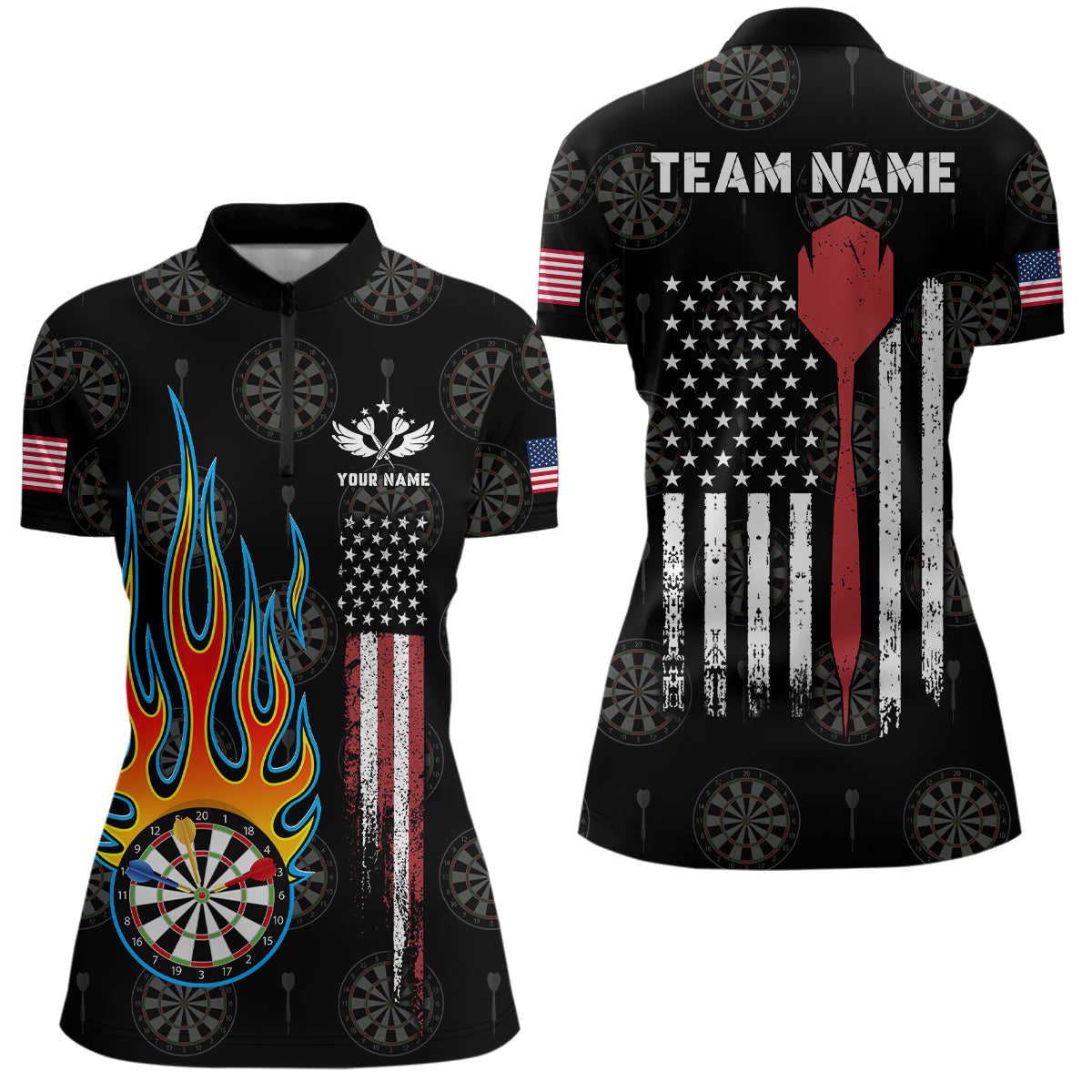 Flame Darts American Flag Darts Quarter Zip Shirt Custom Patriotic Dart Jerseys For Women LDT1008