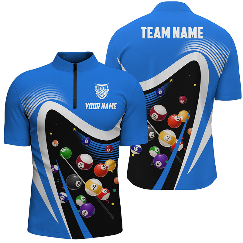 Personalized Blue Sport Billiard Balls 3D Quarter-Zip Shirts For Men, 8 Ball Billiard Team Jerseys VHM1048