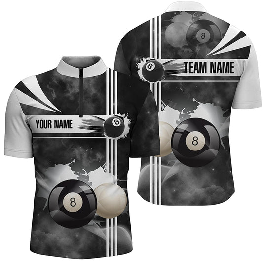 Personalized 8 Ball Pool Black White Billiard Quarter-Zip Shirts For Men, Custom Pool Balls Jerseys VHM0559