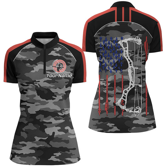 Personalized Camouflage US Flag Archery Quarter-Zip Shirts For Women, American Arrow Archery Jerseys VHM0735