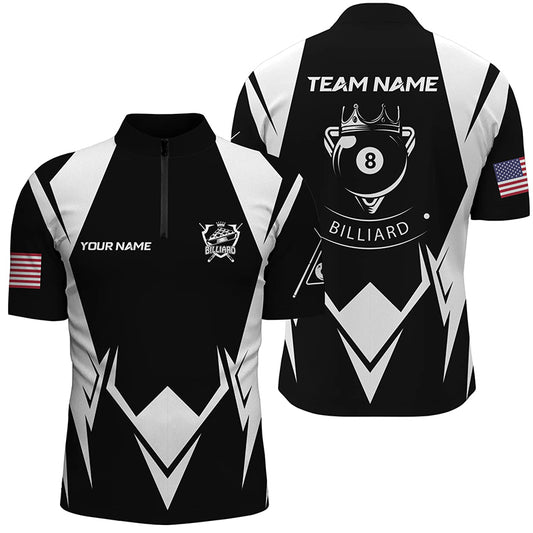 Personalized US Flag 8 Ball Pool Black White Billiard Quarter-Zip Shirts For Men, Billiard Jerseys VHM0582
