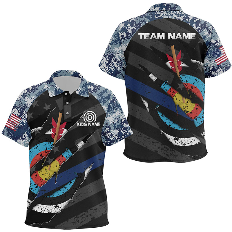 Personalized Retro Camo Target Archery 3D Polo Shirts For Kids, Custom US Flag Archery Jerseys VHM0595