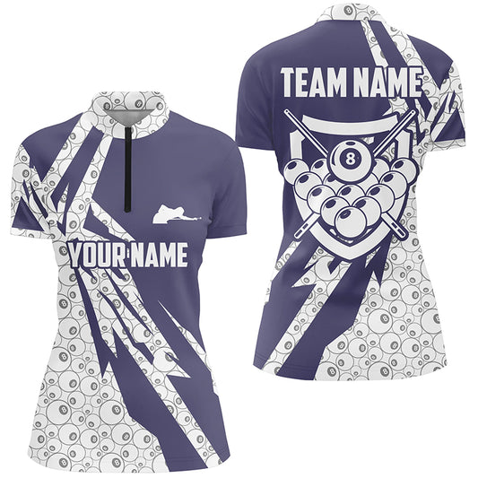 Personalized 8 Ball Pattern Purple White Billiard Quarter-Zip Shirts For Women, Billiard Balls Shirts VHM0463