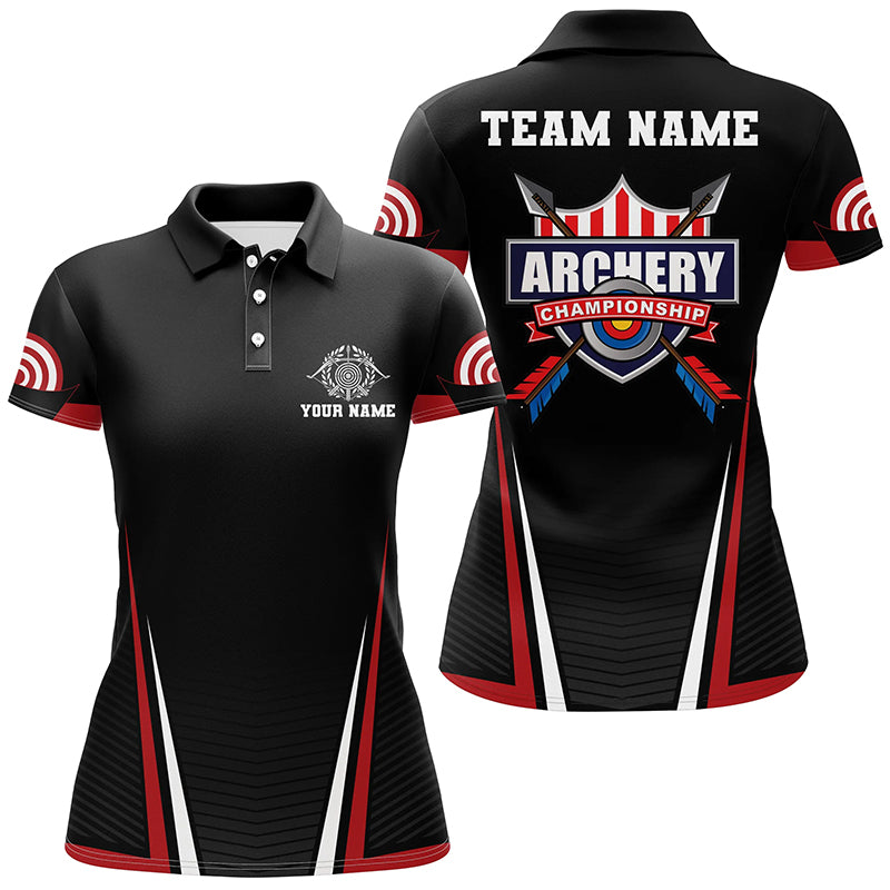 Personalized US Flag 3D Target Archery Polo Shirts For Women, Custom Red Black Arrows Archery Jerseys VHM0820