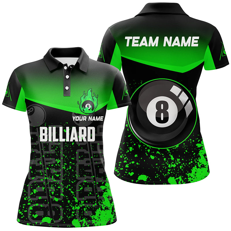 Personalized Green Fire 8 Ball Pool Billiard Polo Shirts For Women, 8 Ball Billiard Team Shirts VHM0704