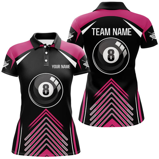 Personalized Pink Black Billiard 8 Ball Pool 3D Polo Shirts For Women, Custom Name Billiard Jerseys VHM0286