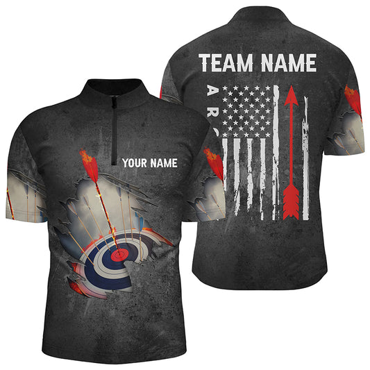Personalized US Flag Arrow Archery Quarter-Zip Shirts For Men, Flaming 3D Target Archery Shirts VHM0736