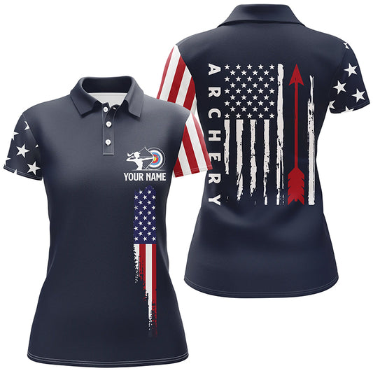 Personalized Navy American Flag Archery Polo Shirts For Women, Custom Flag Arrow Archery Jerseys VHM0738