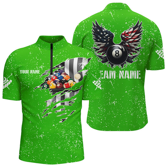 Personalized US Flag Billiard Balls 3D Quarter-Zip Shirts For Men, Green 8 Ball Pool Wings Jerseys VHM1007