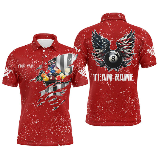 Personalized US Flag Billiard Balls 3D Polo Shirts For Men, Red Billiard 8 Ball Wings Jerseys VHM1008