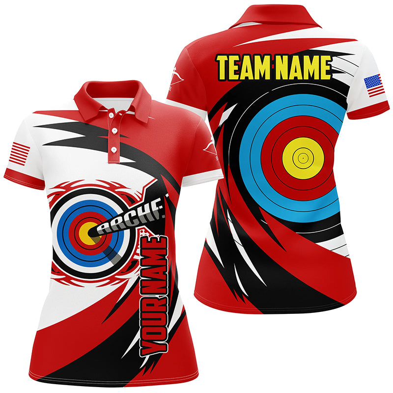 Personalized Name 3D Target Archery Polo Shirts For Women, Custom American Flag Archery Team Shirts VHM0625