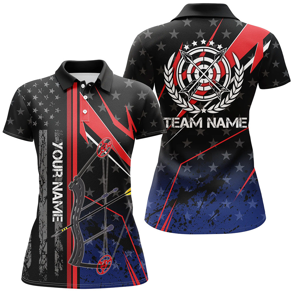 Personalized Archery Polo Shirts For Women, Patriotic US Flag Bow And Arrow Archery Lover Shirts VHM0717
