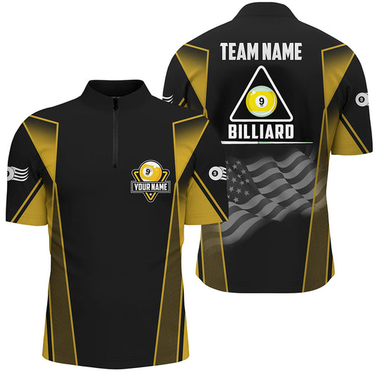 Personalized US Flag 9 Ball Pool 3D Quarter-Zip Shirts For Men, Black Yellow Billiard 9 Ball Shirts VHM1052